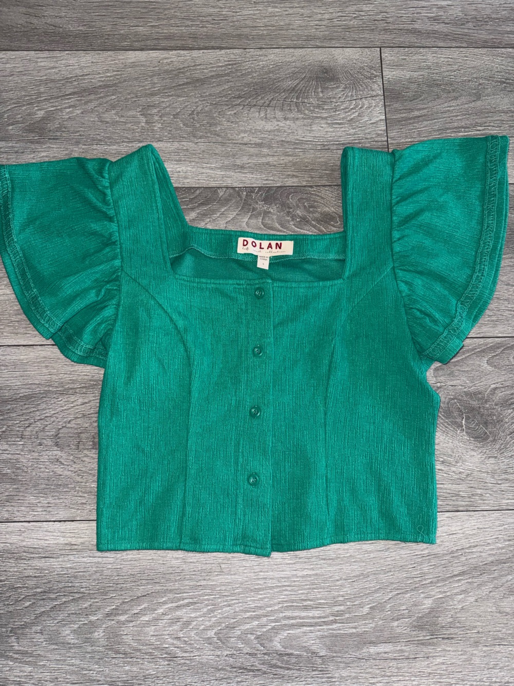 dolan Emerald Green Button-Up Puff Sleeve Top